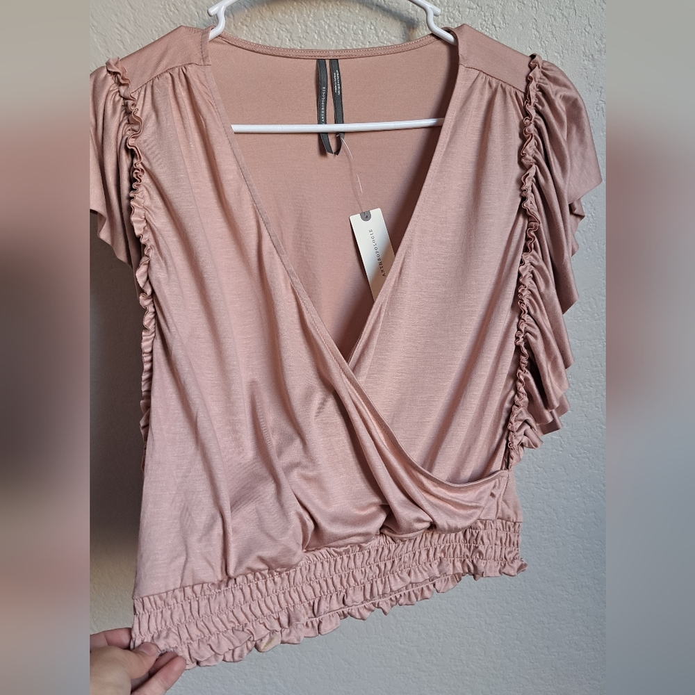 Anthropologie Blush Pink Ruffle-Sleeve Wrap Top - Picture 5 of 9